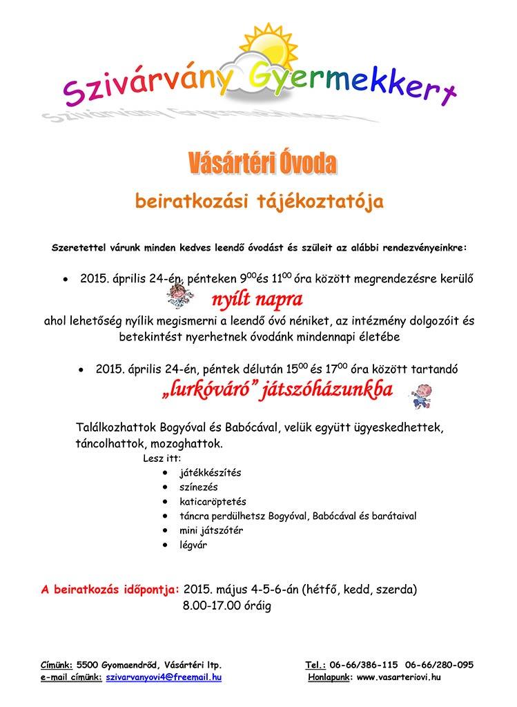 Vásártéri Óvoda beiratkozási tájékoztatója