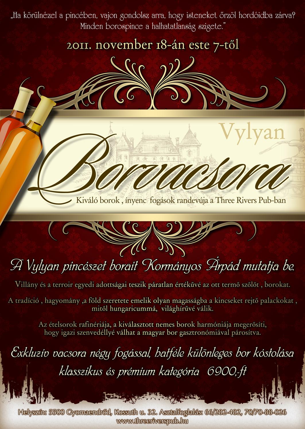 Exkluzív Borvacsora a Three Rivers Pubban!