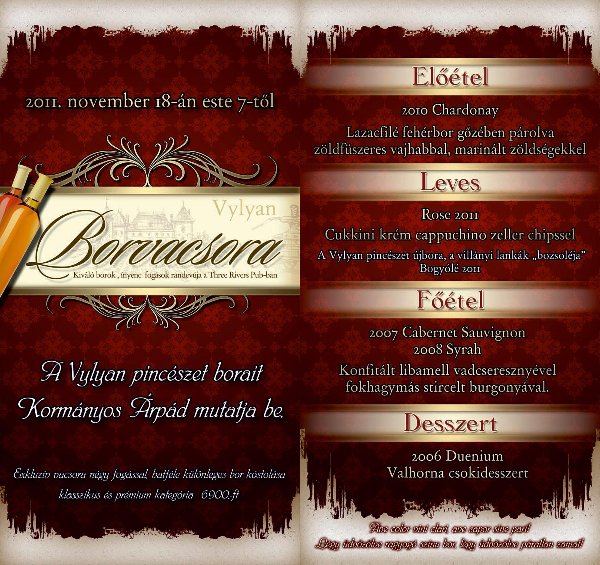 Exkluzív Borvacsora a Three Rivers Pubban!