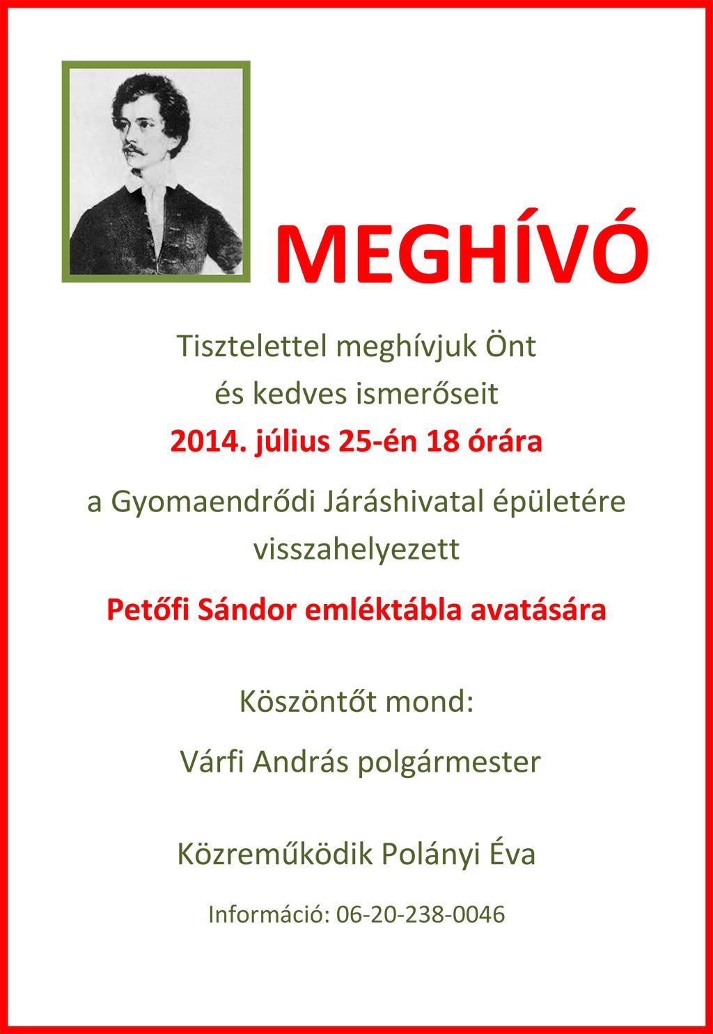 Petőfi Sándor emléktábla avatására