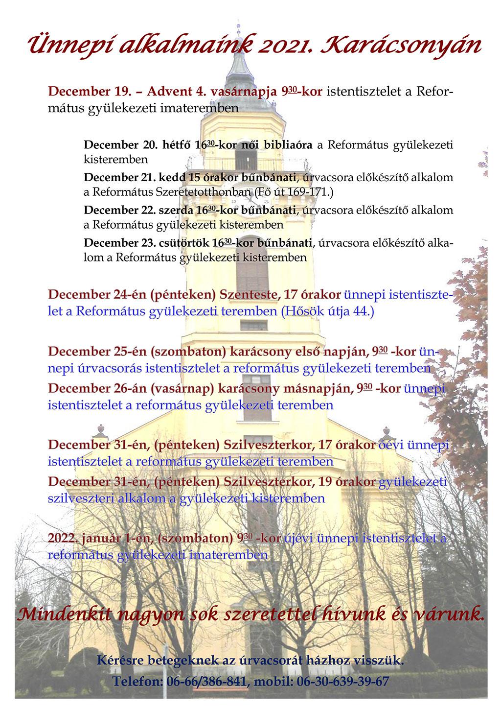 Református Templom ünnepi istentiszteletei
