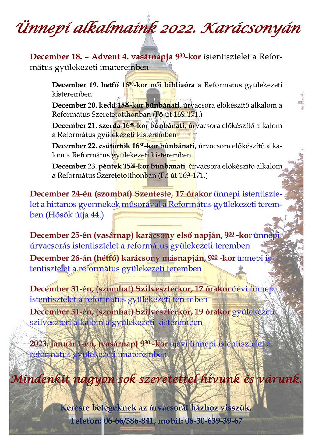 Református Templom ünnepi istentiszteletei