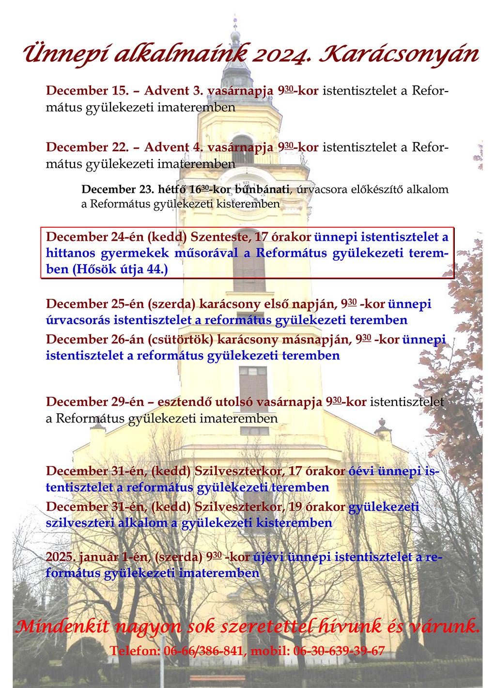 Református Templom ünnepi istentiszteletei