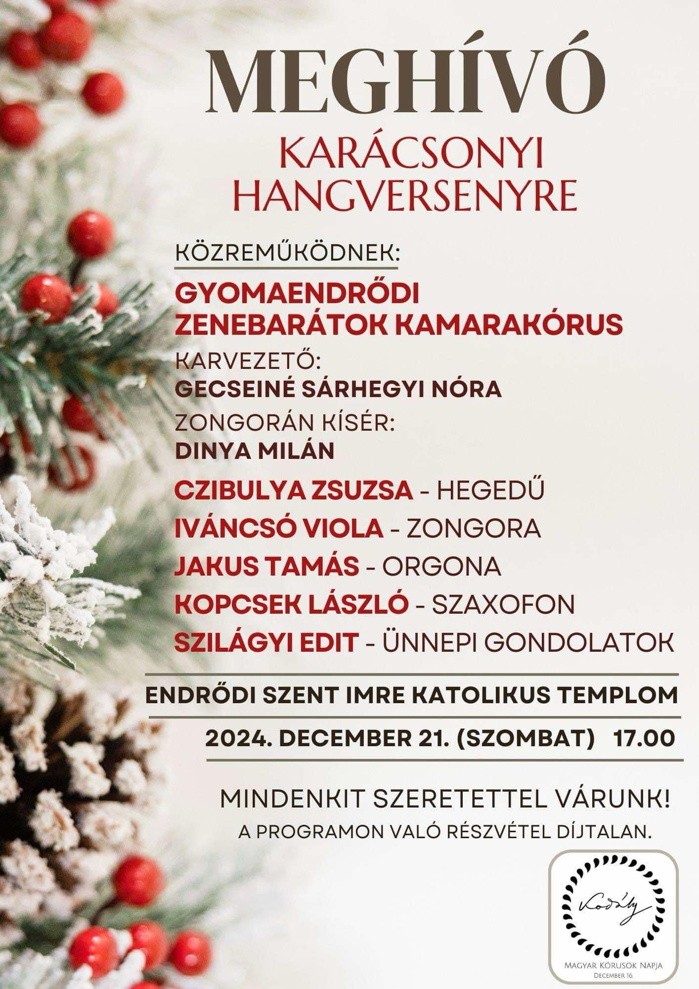 A Gyomaendrődi Zenebarátok Kamarakórus karácsonyi koncertje