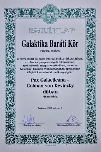 Pax Galacticana - Colman von Keviczky-díj a Galaktika Baráti Körnél